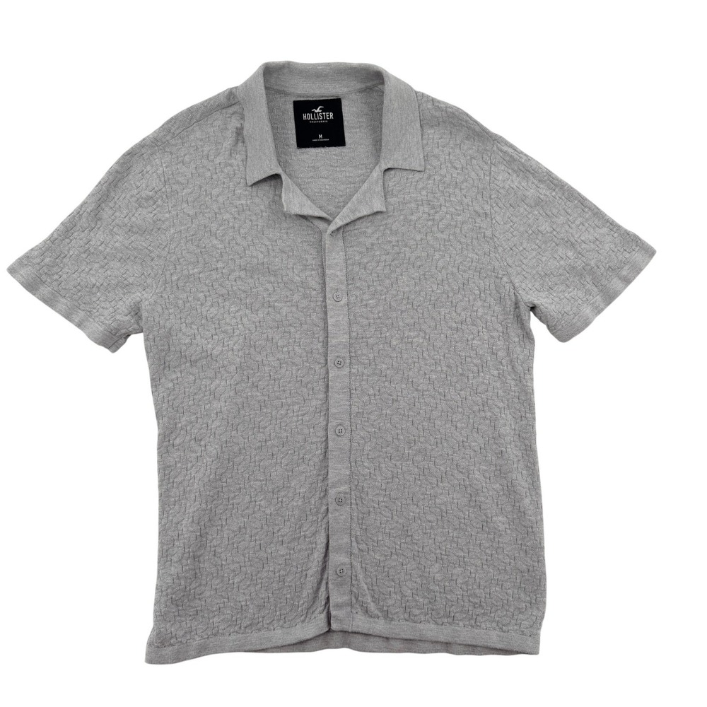 Hollister Men Sz M Grey Textured Knit Short Sleeve Button Up Shirt Camp Collar